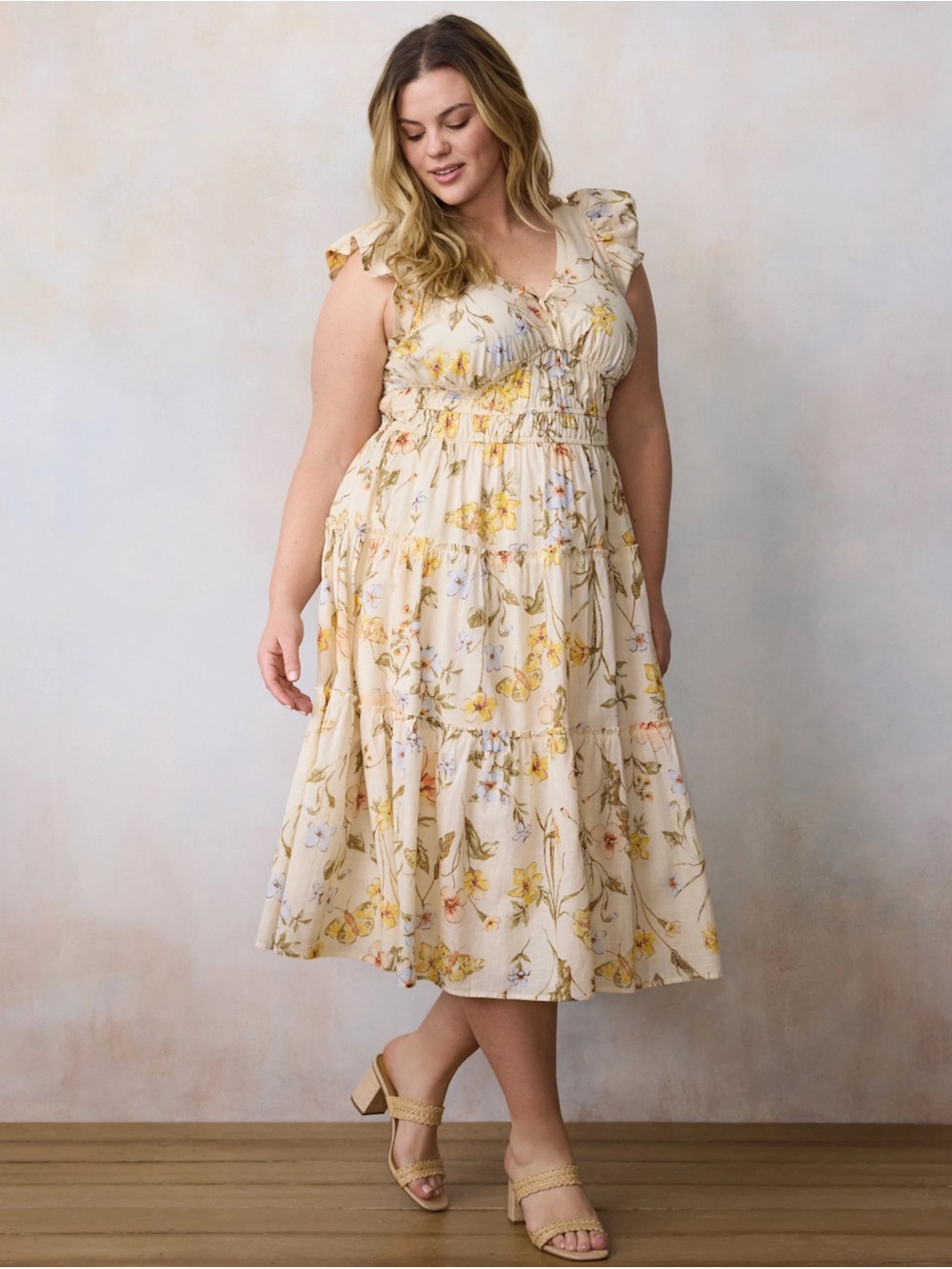 LC Lauren Conrad Cream Floral Midi Dress with Yellow Accents